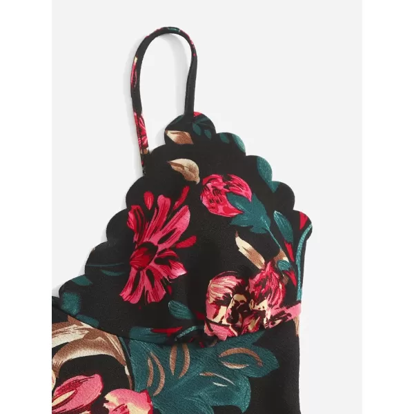 WDIRARA Women's Plus Size Floral Spaghetti Strap Camisole Scallop Trim Cami Bodysuit Top