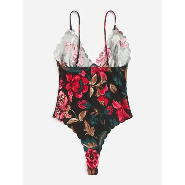 WDIRARA Women's Plus Size Floral Spaghetti Strap Camisole Scallop Trim Cami Bodysuit Top