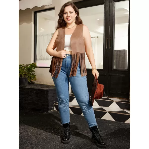 WDIRARA Women's Plus Size Fringe Hem Faux Suede Open Front Cardigan Vest Casual Coat