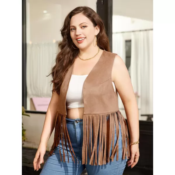 WDIRARA Women's Plus Size Fringe Hem Faux Suede Open Front Cardigan Vest Casual Coat