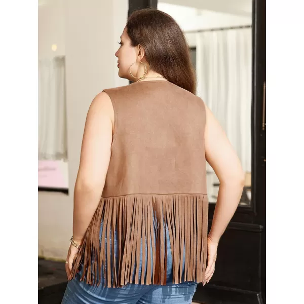 WDIRARA Women's Plus Size Fringe Hem Faux Suede Open Front Cardigan Vest Casual Coat
