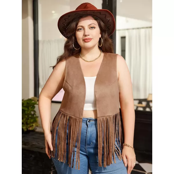 WDIRARA Women's Plus Size Fringe Hem Faux Suede Open Front Cardigan Vest Casual Coat