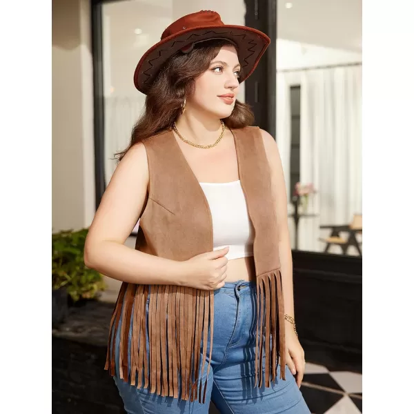 WDIRARA Women's Plus Size Fringe Hem Faux Suede Open Front Cardigan Vest Casual Coat
