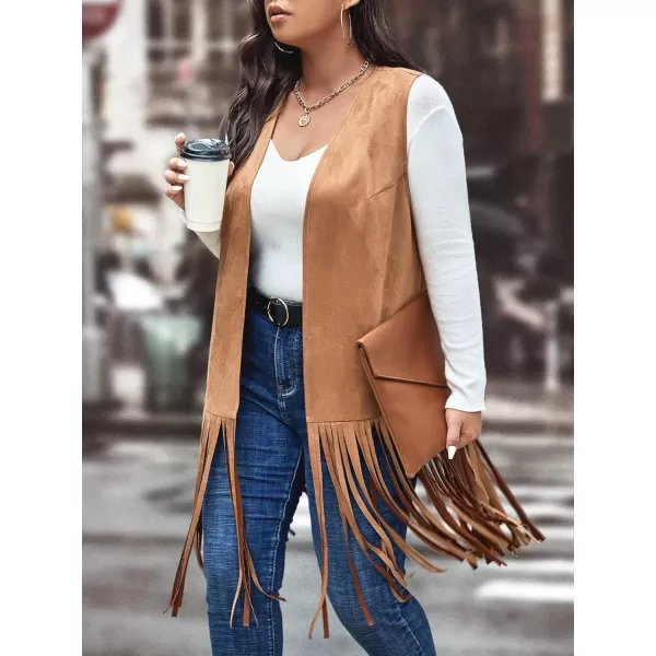 WDIRARA Women's Plus Size Fringe Hem Faux Suede Open Front Cardigan Vest Coat