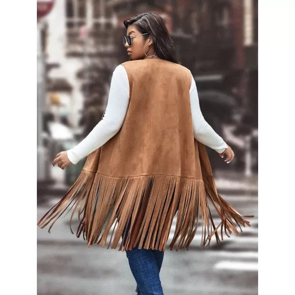 WDIRARA Women's Plus Size Fringe Hem Faux Suede Open Front Cardigan Vest Coat