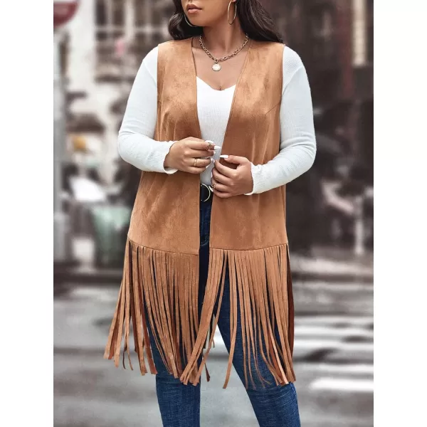 WDIRARA Women's Plus Size Fringe Hem Faux Suede Open Front Cardigan Vest Coat