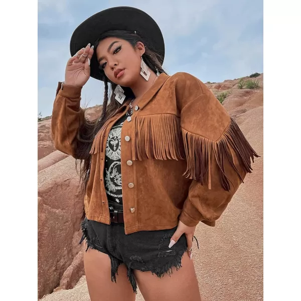 WDIRARA Women's Plus Size Fringe Trim Drop Shoulder Button Front Faux Suede Moto Jacket