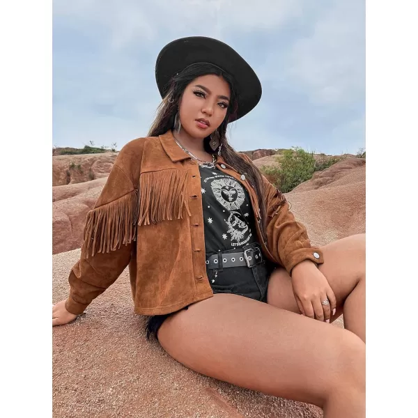 WDIRARA Women's Plus Size Fringe Trim Drop Shoulder Button Front Faux Suede Moto Jacket