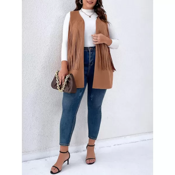 WDIRARA Women's Plus Size Fringe Trim Faux Suede Sleeveless Jacket Open Front Vest Cardigan