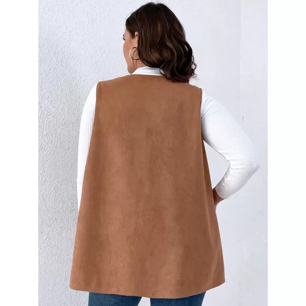 WDIRARA Women's Plus Size Fringe Trim Faux Suede Sleeveless Jacket Open Front Vest Cardigan