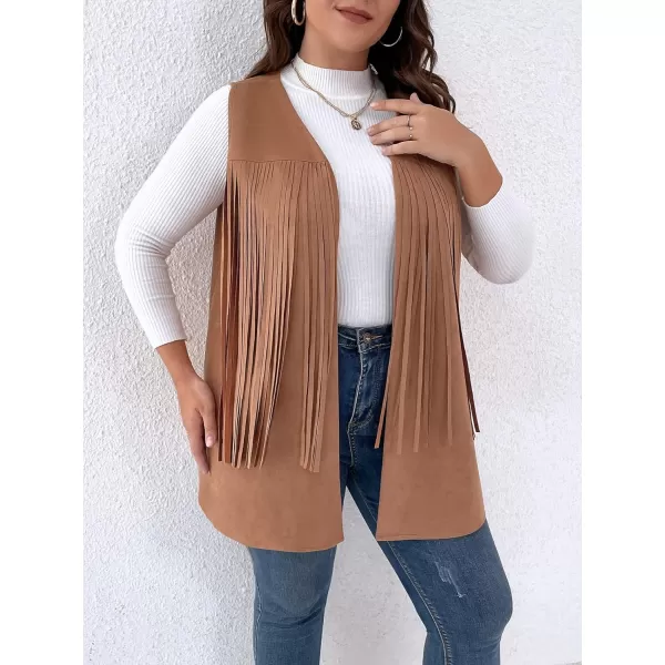 WDIRARA Women's Plus Size Fringe Trim Faux Suede Sleeveless Jacket Open Front Vest Cardigan