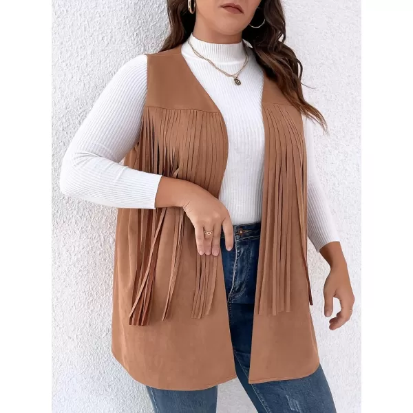 WDIRARA Women's Plus Size Fringe Trim Faux Suede Sleeveless Jacket Open Front Vest Cardigan