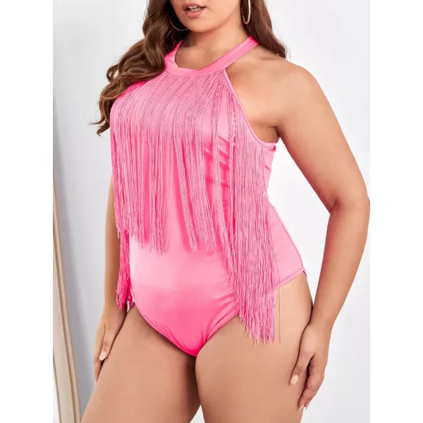 WDIRARA Women's Plus Size Fringe Trim Halter Neck Sleeveless Solid Bodysuit Top