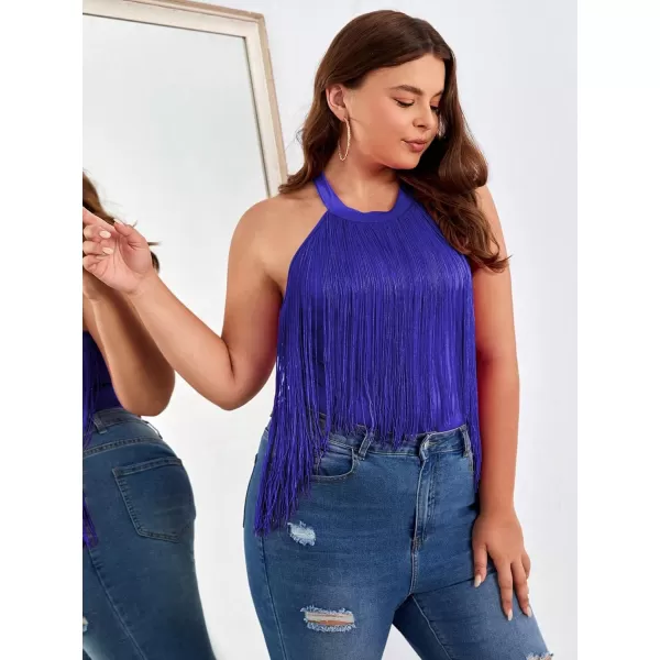 WDIRARA Women's Plus Size Fringe Trim Halter Neck Sleeveless Solid Bodysuit Top