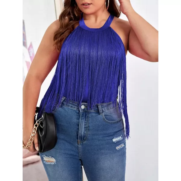 WDIRARA Women's Plus Size Fringe Trim Halter Neck Sleeveless Solid Bodysuit Top