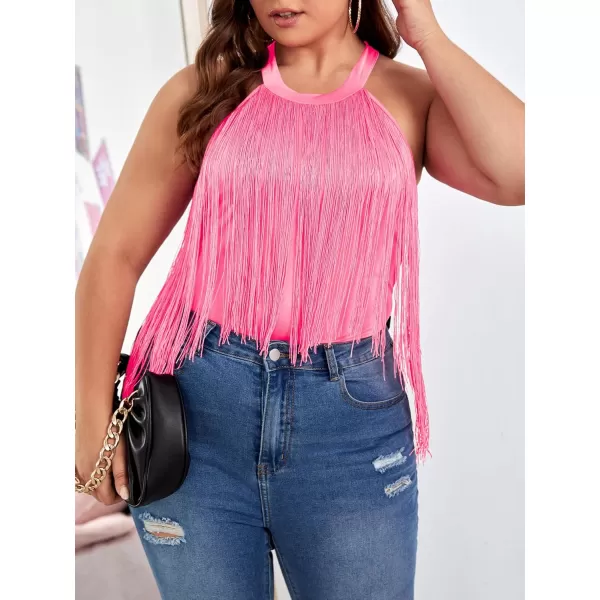 WDIRARA Women's Plus Size Fringe Trim Halter Neck Sleeveless Solid Bodysuit Top