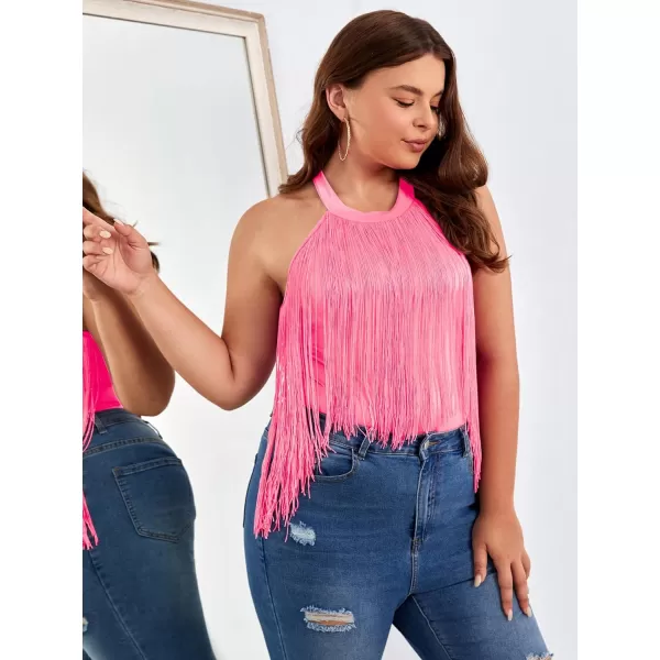 WDIRARA Women's Plus Size Fringe Trim Halter Neck Sleeveless Solid Bodysuit Top