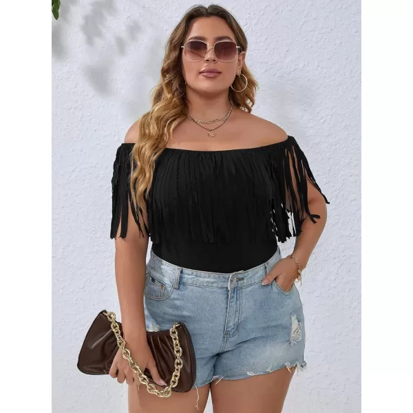 WDIRARA Women's Plus Size Fringe Trim Off the Shoulder Sleeveless Bodysuit Top