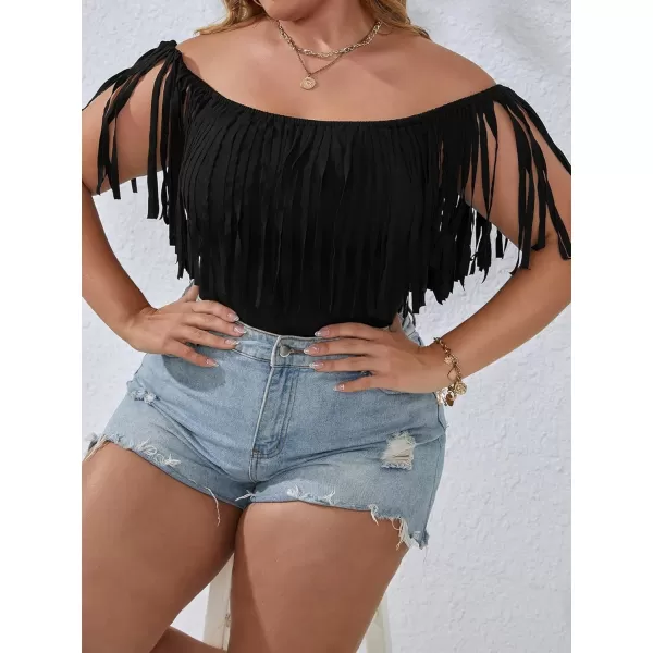 WDIRARA Women's Plus Size Fringe Trim Off the Shoulder Sleeveless Bodysuit Top