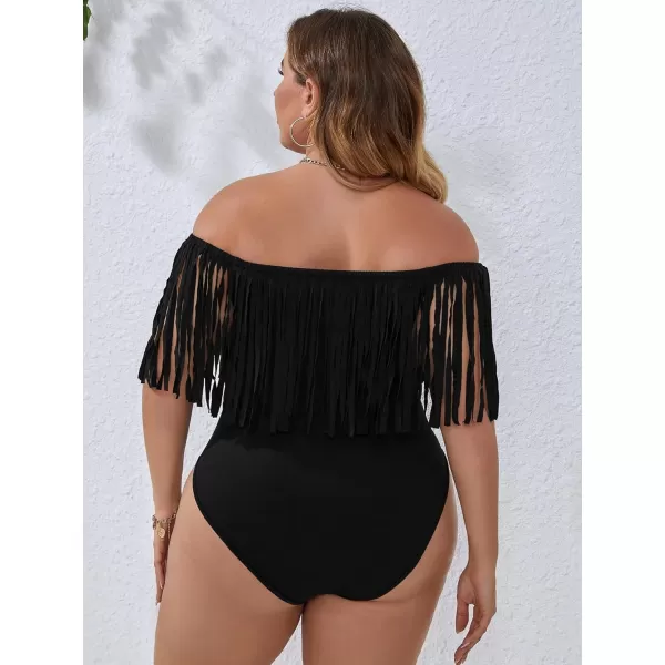 WDIRARA Women's Plus Size Fringe Trim Off the Shoulder Sleeveless Bodysuit Top