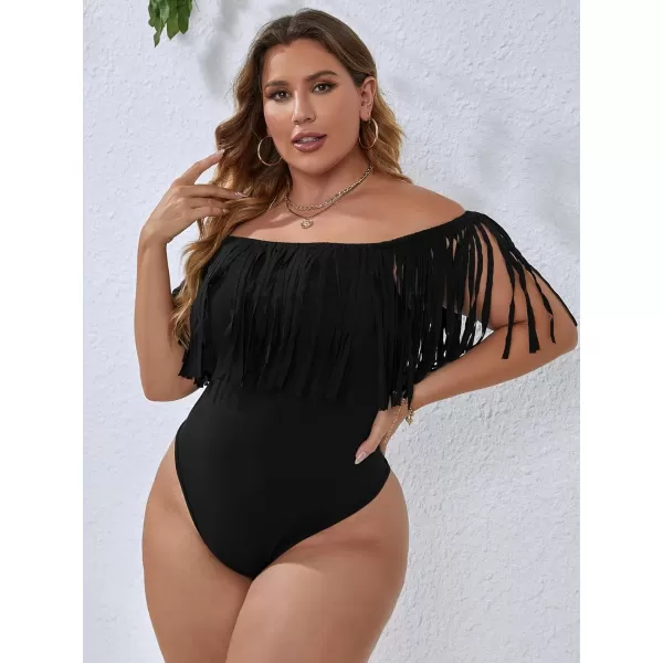 WDIRARA Women's Plus Size Fringe Trim Off the Shoulder Sleeveless Bodysuit Top