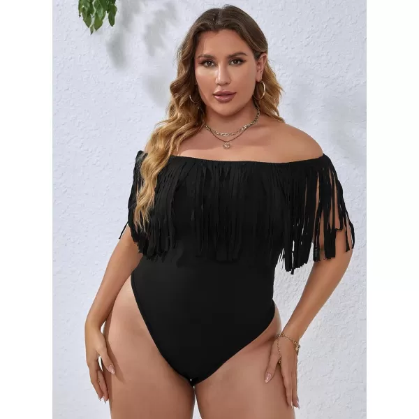 WDIRARA Women's Plus Size Fringe Trim Off the Shoulder Sleeveless Bodysuit Top