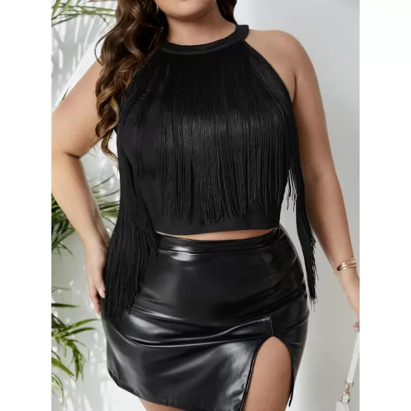 WDIRARA Women's Plus Size Fringe Trim Sleeveless Asymmetrical Hem Crop Tank Top
