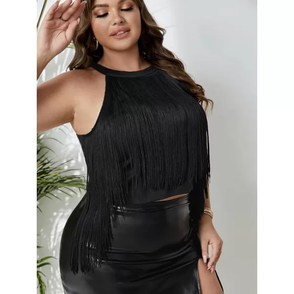 WDIRARA Women's Plus Size Fringe Trim Sleeveless Asymmetrical Hem Crop Tank Top