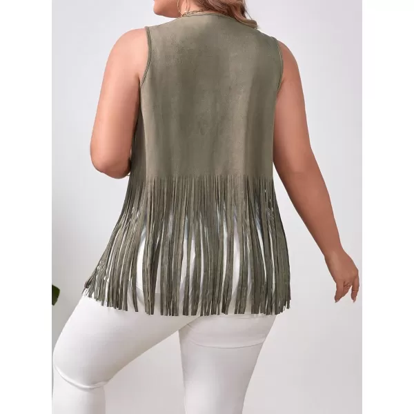 WDIRARA Women's Plus Size Fringe Trim Studded Detail Open Front V Neck Suede Boho Vest Jacket