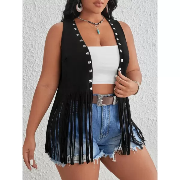 WDIRARA Women's Plus Size Fringe Trim Studded Detail Open Front V Neck Suede Boho Vest Jacket