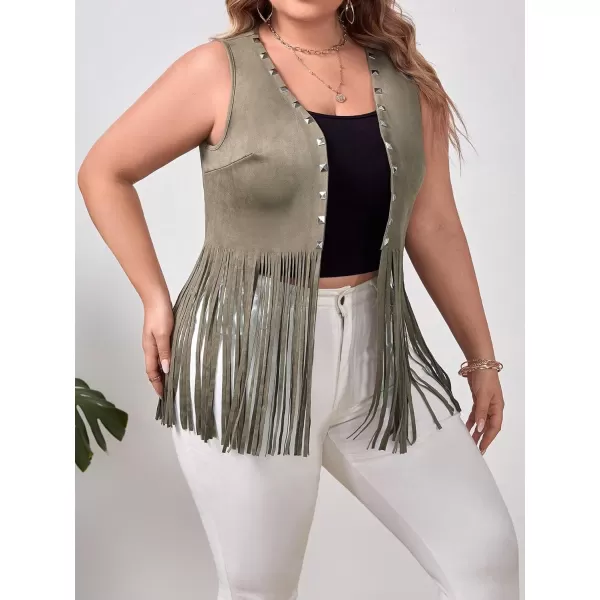 WDIRARA Women's Plus Size Fringe Trim Studded Detail Open Front V Neck Suede Boho Vest Jacket