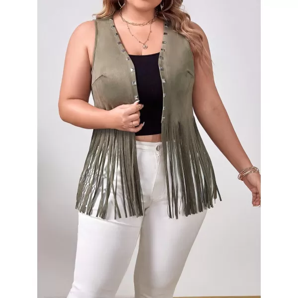 WDIRARA Women's Plus Size Fringe Trim Studded Detail Open Front V Neck Suede Boho Vest Jacket