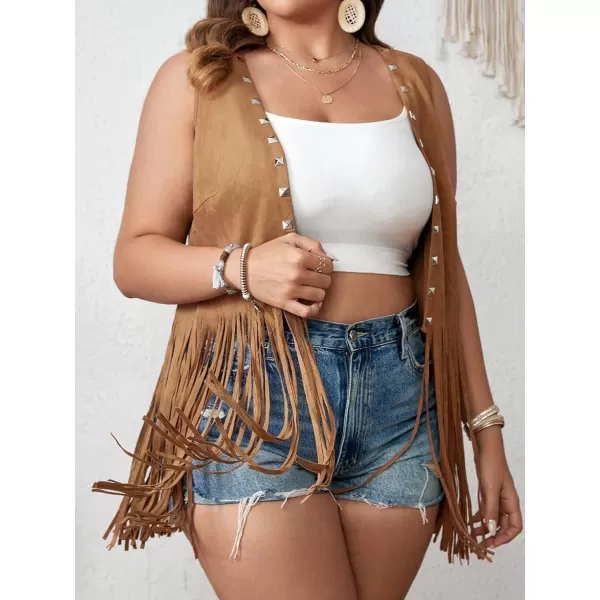 WDIRARA Women's Plus Size Fringe Trim Studded Detail Open Front V Neck Suede Boho Vest Jacket