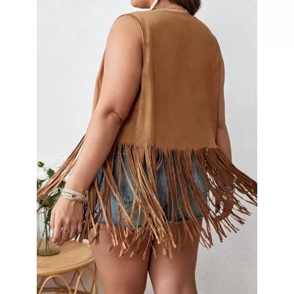WDIRARA Women's Plus Size Fringe Trim Studded Detail Open Front V Neck Suede Boho Vest Jacket