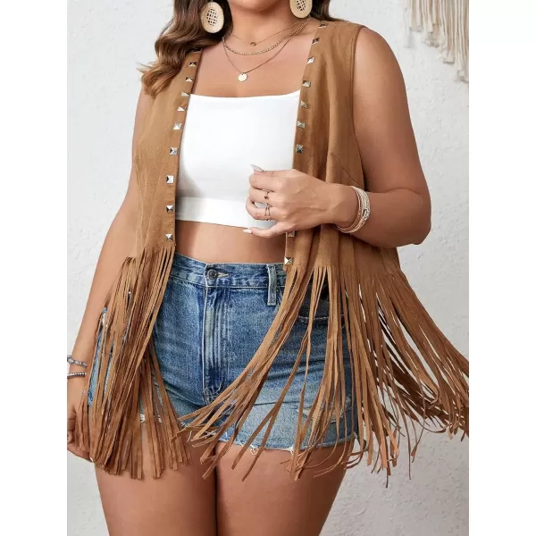 WDIRARA Women's Plus Size Fringe Trim Studded Detail Open Front V Neck Suede Boho Vest Jacket