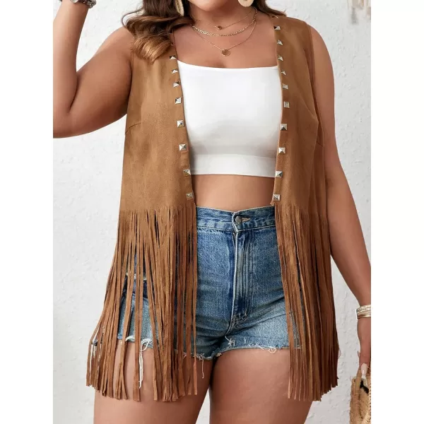 WDIRARA Women's Plus Size Fringe Trim Studded Detail Open Front V Neck Suede Boho Vest Jacket
