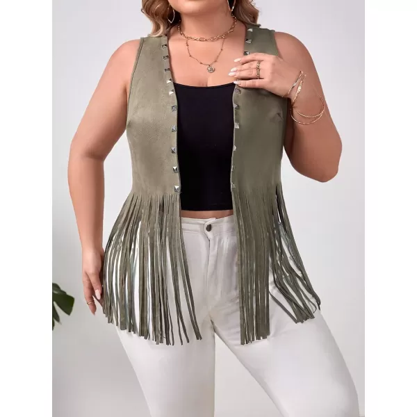 WDIRARA Women's Plus Size Fringe Trim Studded Detail Open Front V Neck Suede Boho Vest Jacket