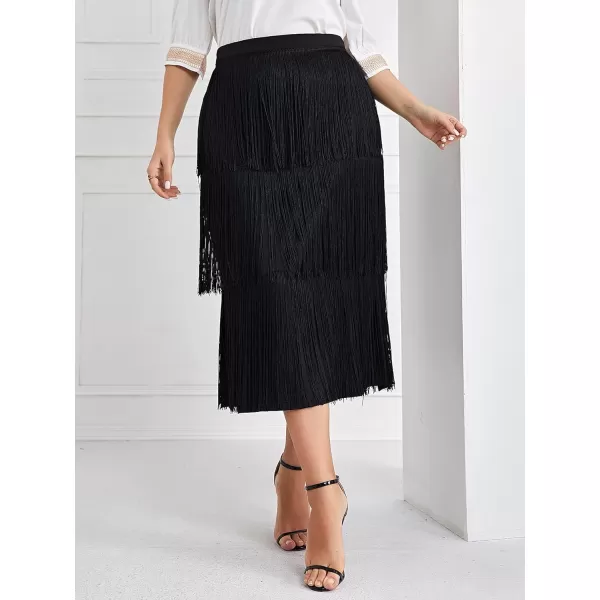 WDIRARA Women's Plus Size High Waist Fringe Trim Layered Split Hem Solid Elegant Midi Skirt