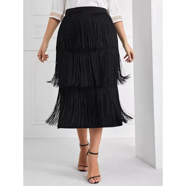 WDIRARA Women's Plus Size High Waist Fringe Trim Layered Split Hem Solid Elegant Midi Skirt