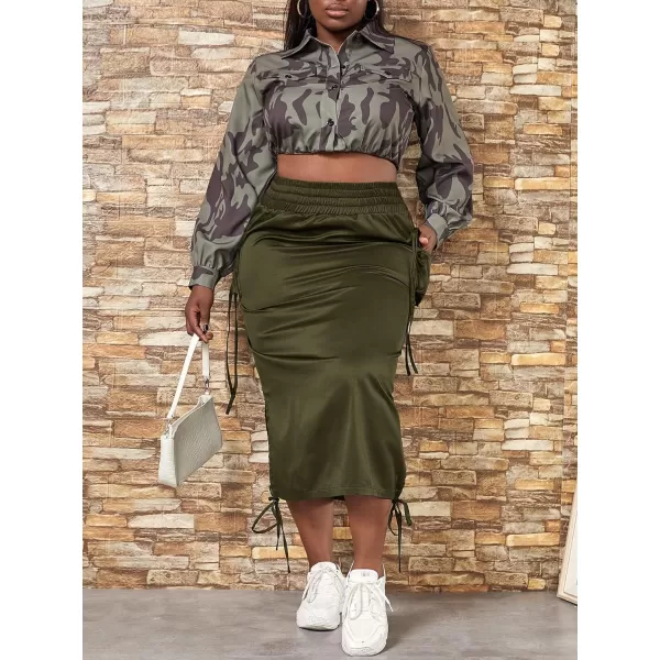 WDIRARA Women's Plus Size High Waist Knot Split Side Cargo Skirt with Pockets