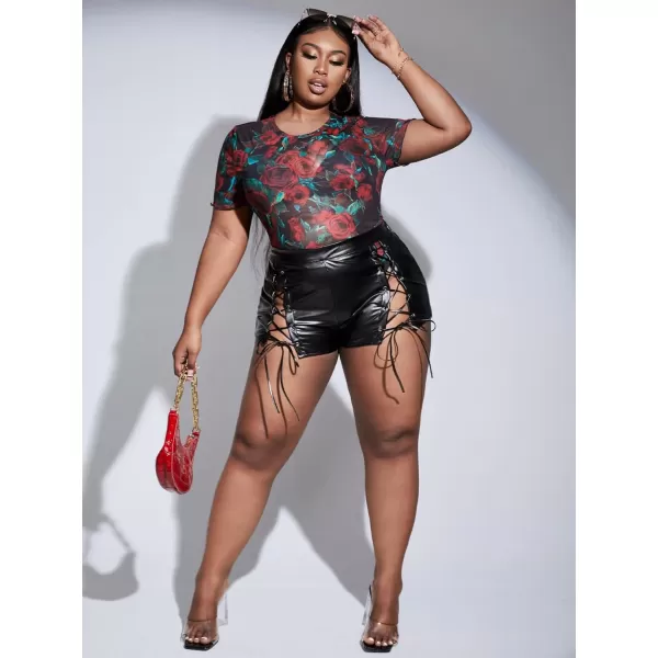 WDIRARA Women's Plus Size High Waist Lace Up Tie Side PU Leather Club Shorts