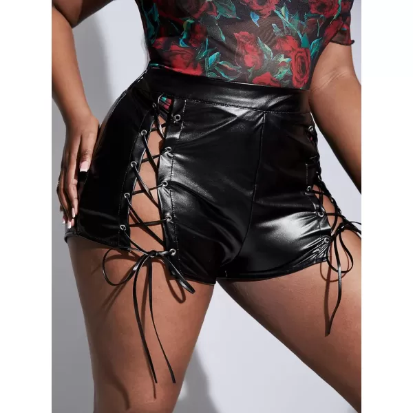 WDIRARA Women's Plus Size High Waist Lace Up Tie Side PU Leather Club Shorts