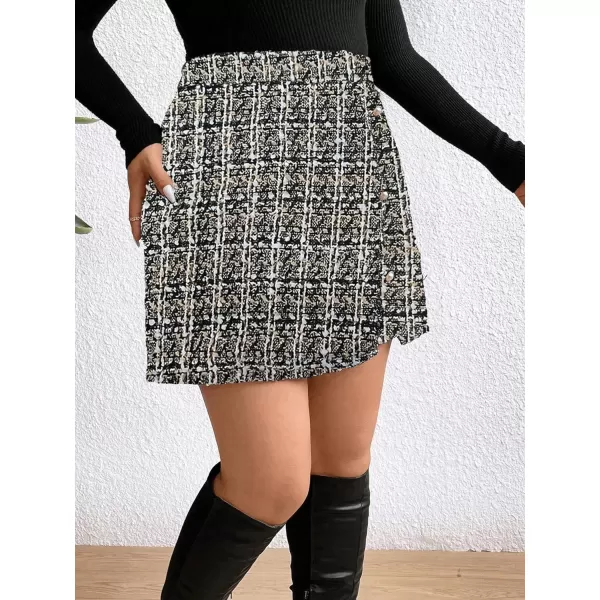 WDIRARA Women's Plus Size High Waisted Plaid Print Wrap Hem Button Front Tweed Mini Skirt