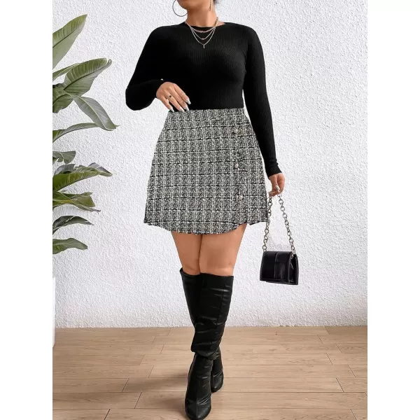 WDIRARA Women's Plus Size High Waisted Plaid Print Wrap Hem Button Front Tweed Mini Skirt