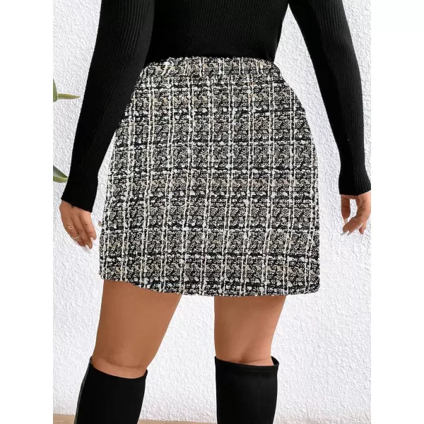 WDIRARA Women's Plus Size High Waisted Plaid Print Wrap Hem Button Front Tweed Mini Skirt