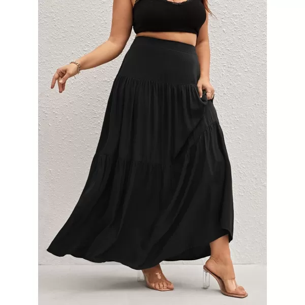WDIRARA Women's Plus Size High Waisted Tiered Flowy Simple Boho Maxi Ruffle Skirt