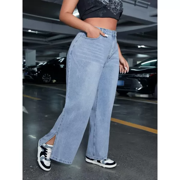 WDIRARA Women's Plus Size High Waisted Wide Leg Split Hem Ripped Loose Jeans Pants