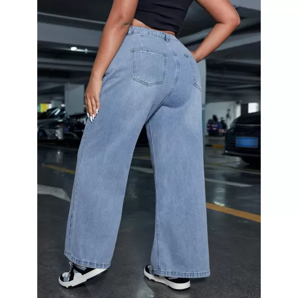 WDIRARA Women's Plus Size High Waisted Wide Leg Split Hem Ripped Loose Jeans Pants