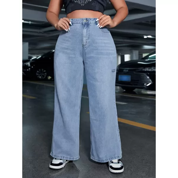 WDIRARA Women's Plus Size High Waisted Wide Leg Split Hem Ripped Loose Jeans Pants