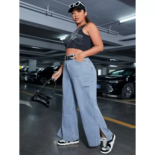 WDIRARA Women's Plus Size High Waisted Wide Leg Split Hem Ripped Loose Jeans Pants